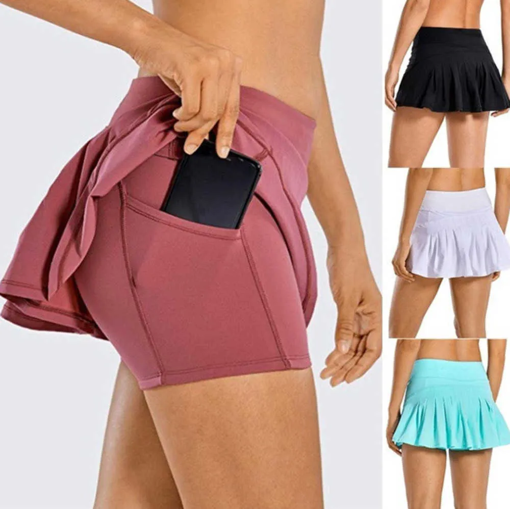 Saias de tênis plissadas Calças de ioga para ginástica Roupas íntimas femininas Corrida Fitness Saia de golfe Calças curtas esportivas curtas costas cintura bolso com zíper design respirável226yy