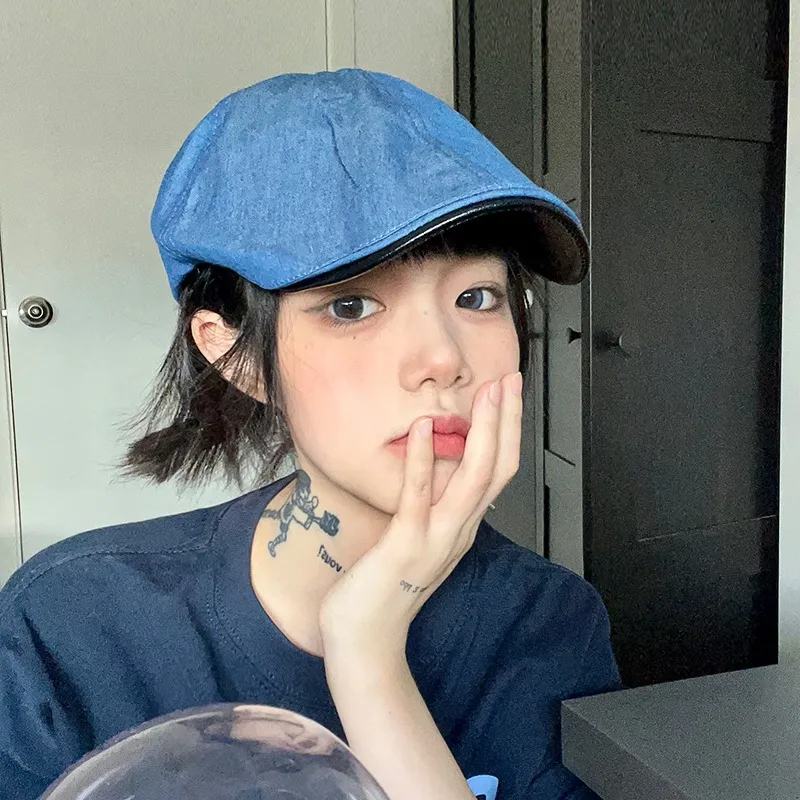 Denim Newsboy Cap: Womens Vintage Style Beret Japanese Blue