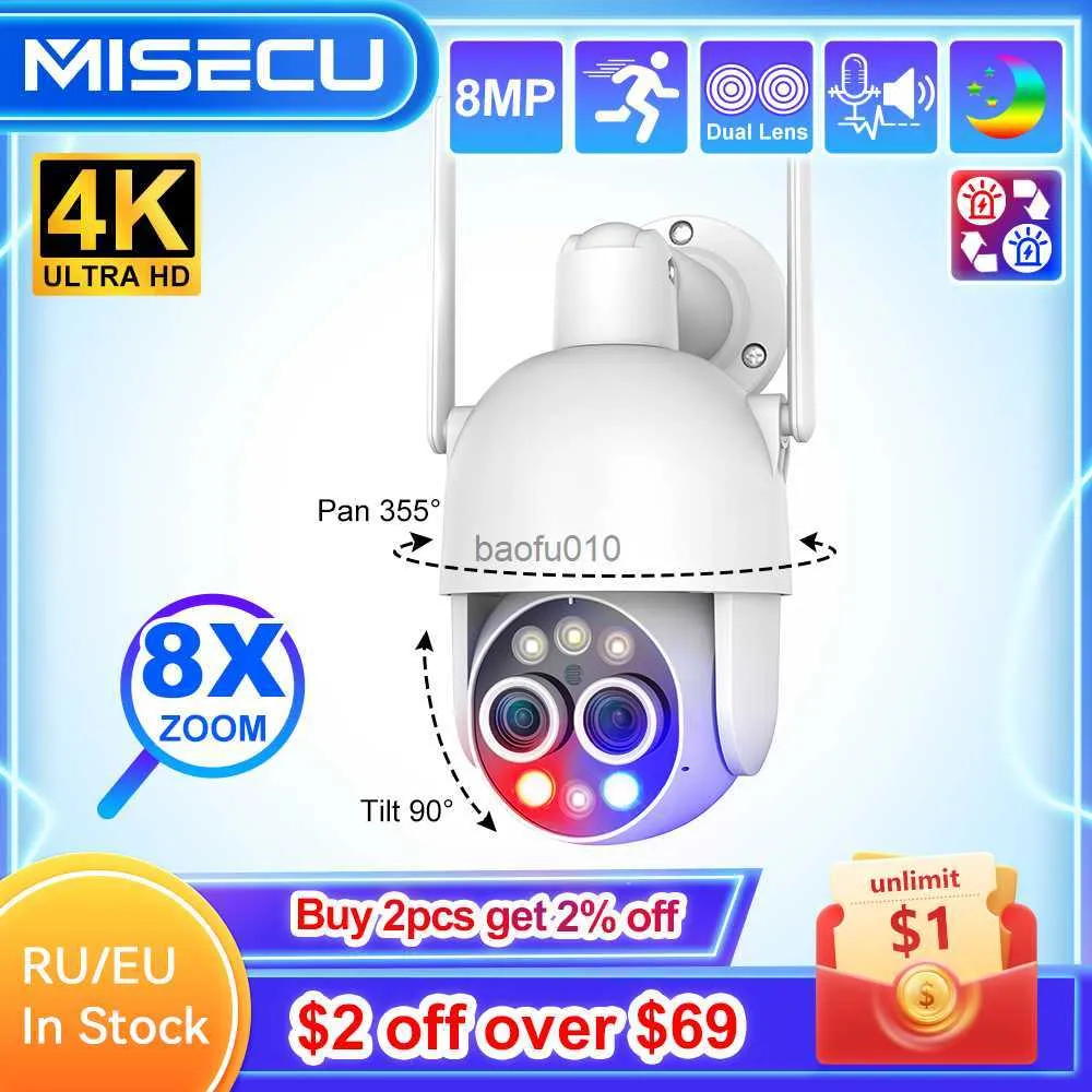 MISECU UHD 4K 8X PTZ Hybrid Zoom 2.8mm 12mm Dual Lens Wireless IP Camera 8MP Human Detect Auto Track Wifi Color Night L230619