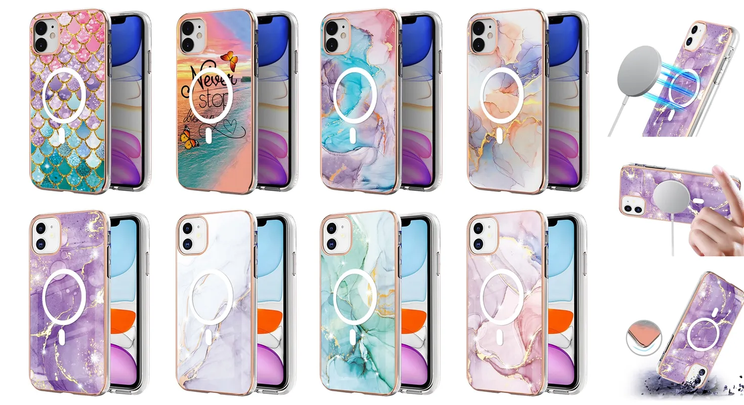 Luxury Magnet Wireless Charging Marble Cases For Iphone 14 Pro Max Plus 13 12 11 2.0MM Metallic Soft TPU Chromed Stone Quartz Granite Magnetic Anti-Fall Phone Back Cover