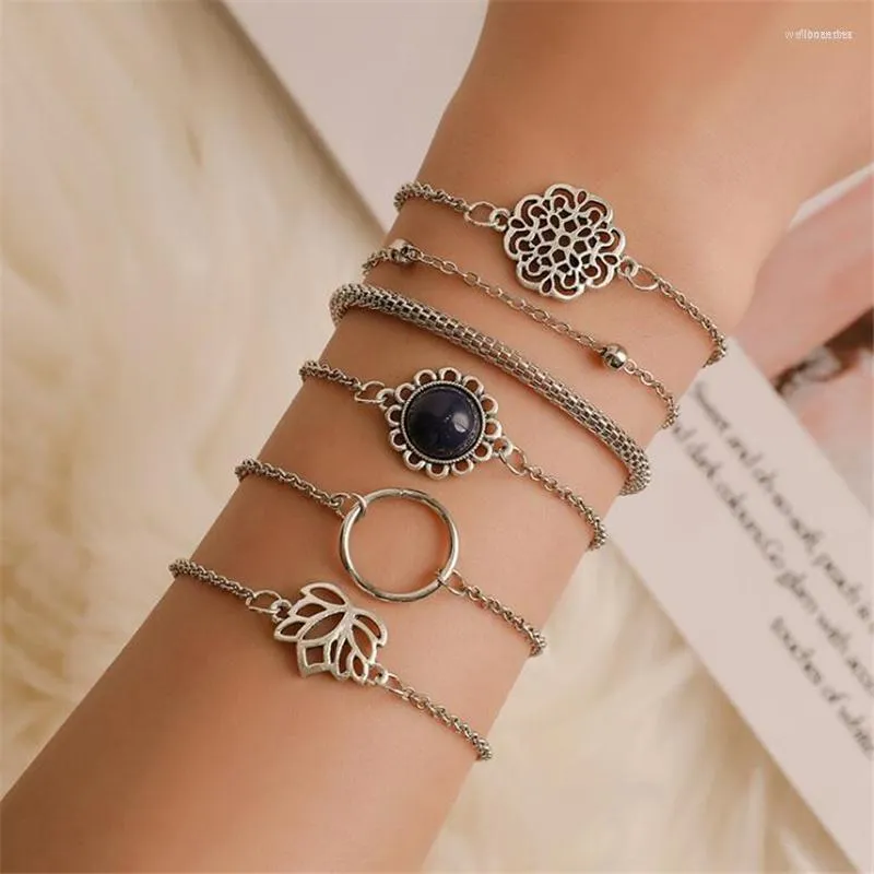 Bangle 2023 6Pcs/set Women's Fashion Ethnic Chain Bracelet Set Hollow Lotus Flower Charm Bohemian Vintage Jewelry Wholesale