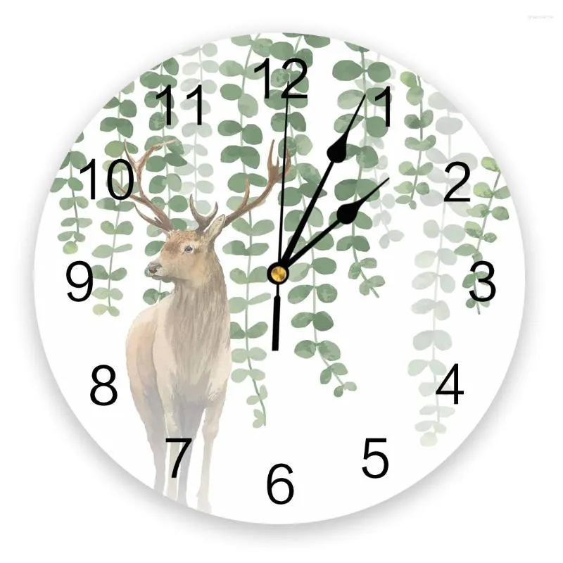 Wall Clocks Elk Leaves Watercolor Round Clock Creative Home Decor Living Room Quartz Needle Digital Hanging Watch