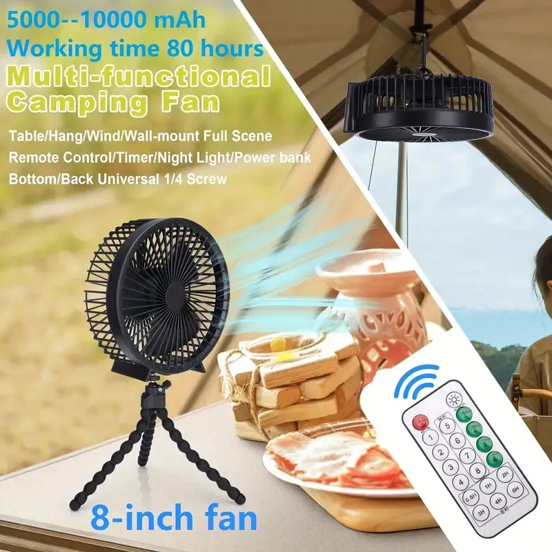 Campingventilator met LED-licht, 10000 mAh draagbare oplaadbare tentventilator, 8 "batterij-aangedreven voetstuk bureauventilator met afstandsbediening Timer Power Bank