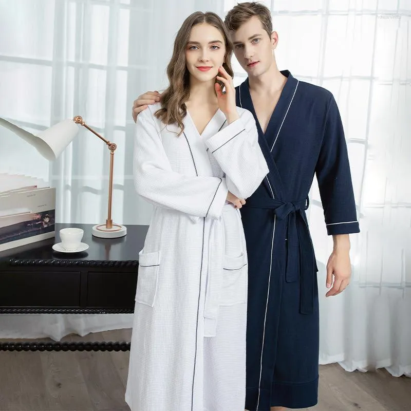 Vêtements de nuit pour femmes peignoir japonais femme longue été printemps et automne Couple pyjama mince gaufre homme Robe coton