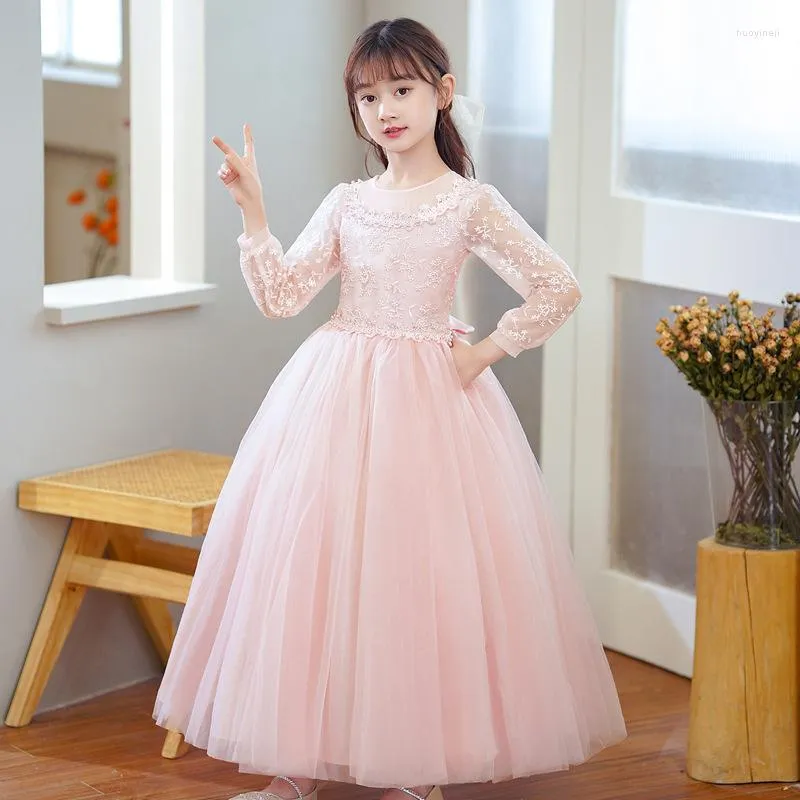 Girl Dresses Teens Formal Elegant Bridesmaid For Wedding White Pink Long Sleeve Evening Princess Lace Kids Clothes Gown