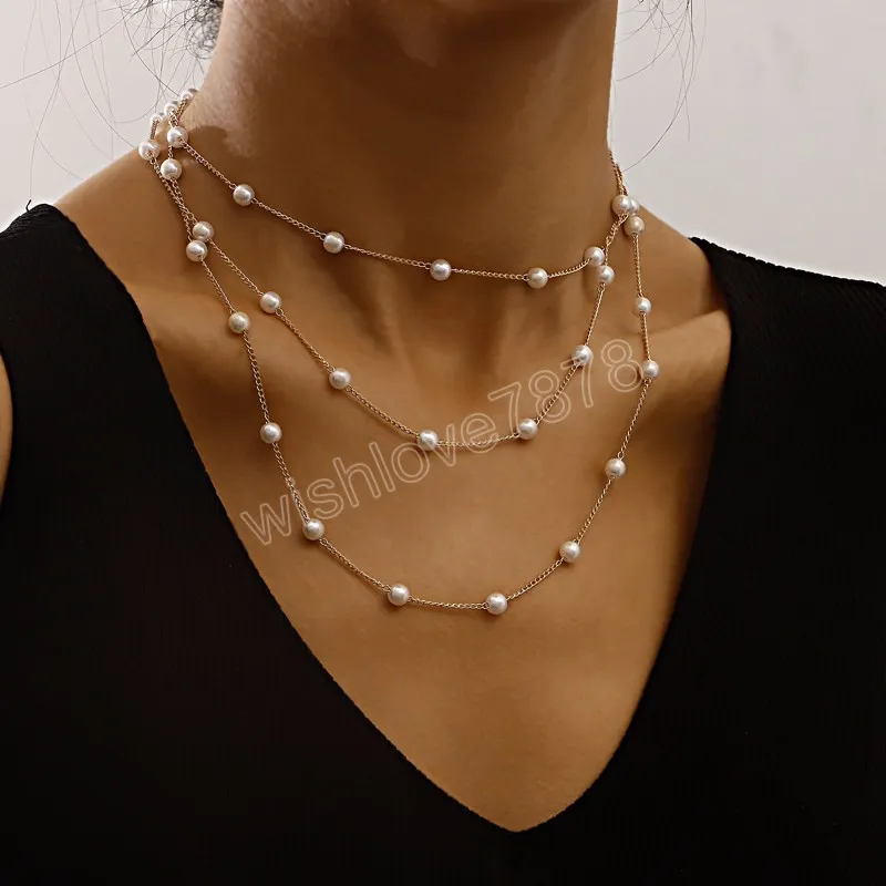 Simple géométrique mince Imitation perle couches chaîne collier multicouche clavicule chaîne collier pour femmes Vintage bijoux