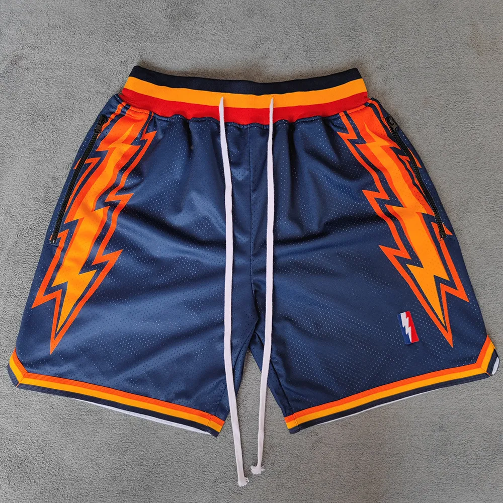 Outdoor-Shorts MM MASMIG Navy Golden State Flash bedruckt mit Reißverschlusstaschen Curry Street Style Sport-Trainingshose 230627