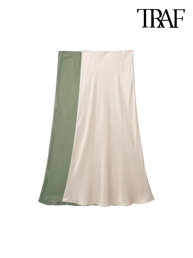 Spódnice Traf Women Fashing Satin Midi Spódnica Vintage High Talle z elastycznym paskiem żeńskie spódnice Mujer 230628