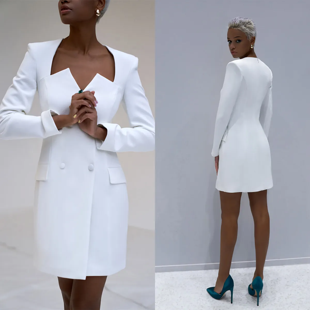 Blazer lungo da donna bianco da sposa con scollo a V, da sera, da donna, smoking su misura, vestibilità slim, solo una giacca