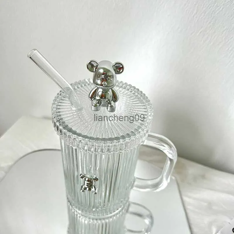 Funny Bear Glass Water Cup med halmkopp med täckning Hushållet Drinking Cup Coffee Cup Black Coffee Cup Water Cup Gratis frakt L230620