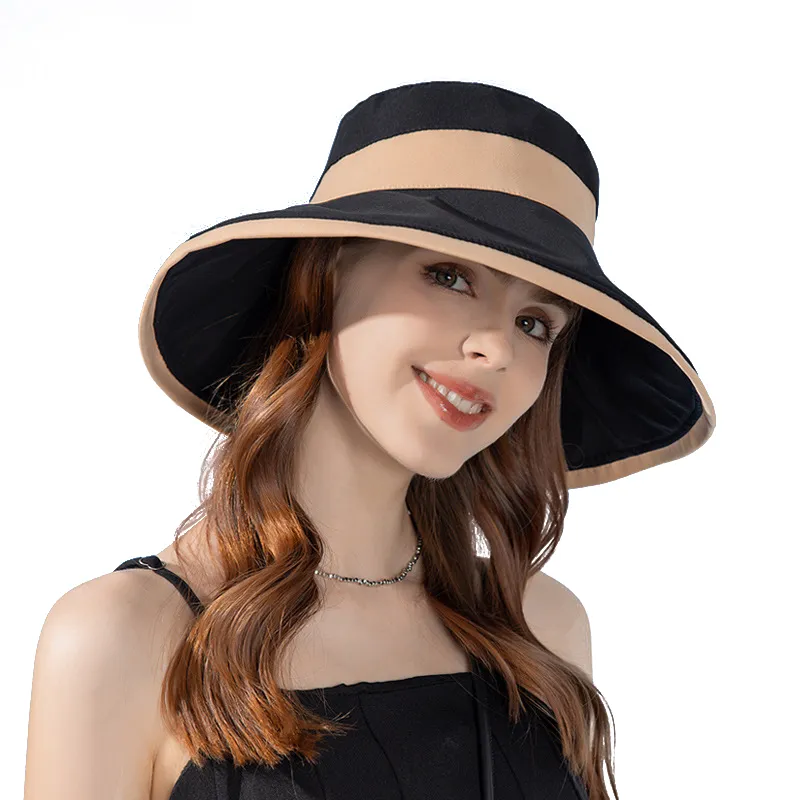 Women Summer Folding Bucket Hat for Beach Holiday Lady Spring Bowler Sun Protection Cap Elegant Contrasting Stripes Headgear New