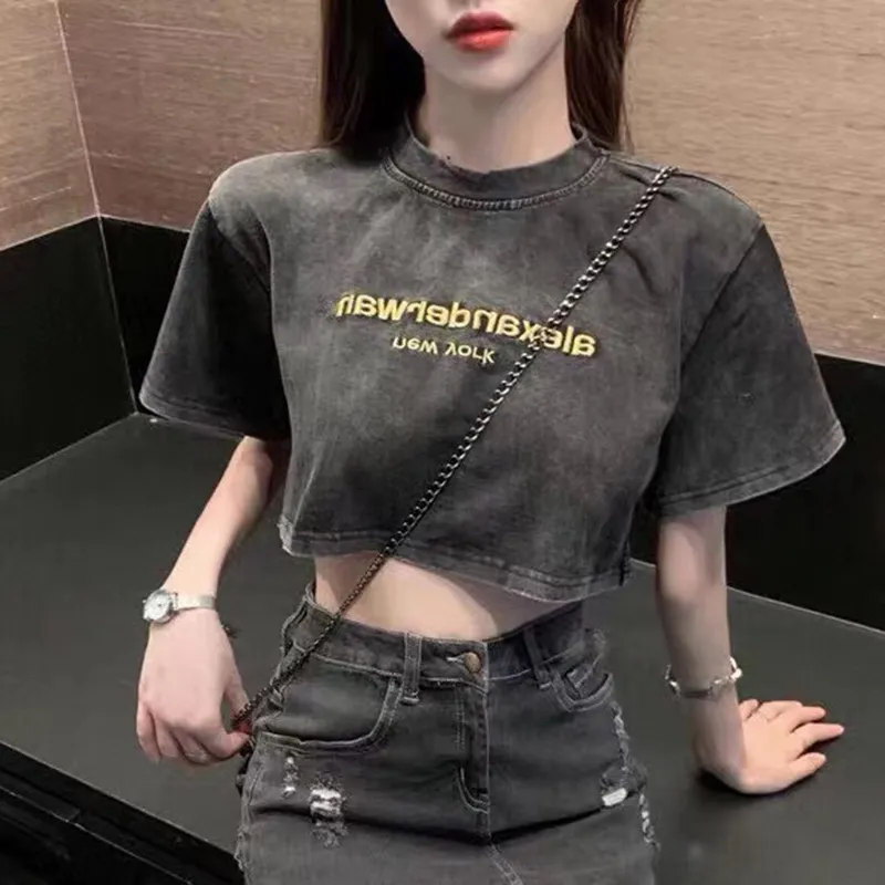 승무원 목 여성 상단 여자 T 셔츠 자르기 자르기 탑 티 디자이너 옷 tshirt면 짧은 슬리브 레터 인쇄 패션 여름 풀버 여성 블랙 록 stgr