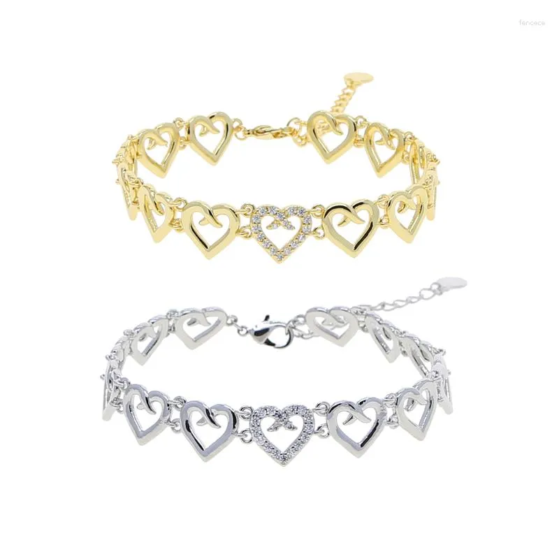 Pulseiras de link ocas em forma de coração Cz pulseira para mulheres homens Iced simples micropavimentado brilhante redondo cristal tênis corrente de mão joias
