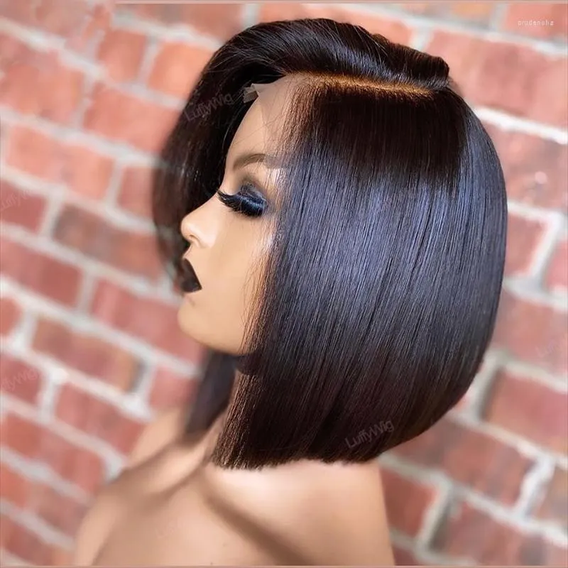 Short Bob Straight Wig Deep Part Lace Front With 4x4 Silk Base Black Synthetic For Women Baby Hair Pre Plucked Glueless