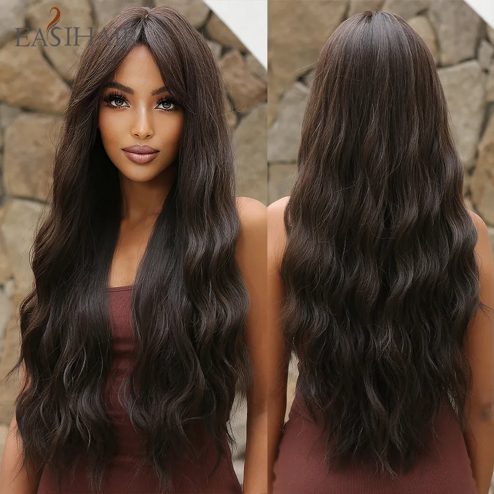 Pelucas sintéticas EASIHAIR Largo Marrón Negro Ondulado con Bang Peluca de pelo de onda natural para mujeres Cosplay diario Fibra resistente al calor 230627