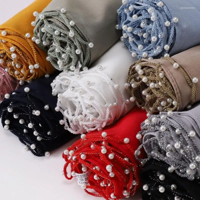 Scarves Fashion Chiffon Scarf With Beading Muslim Women Hijab Solid Color Islam Headscarf Wraps Shawl Headband 175 70Cm