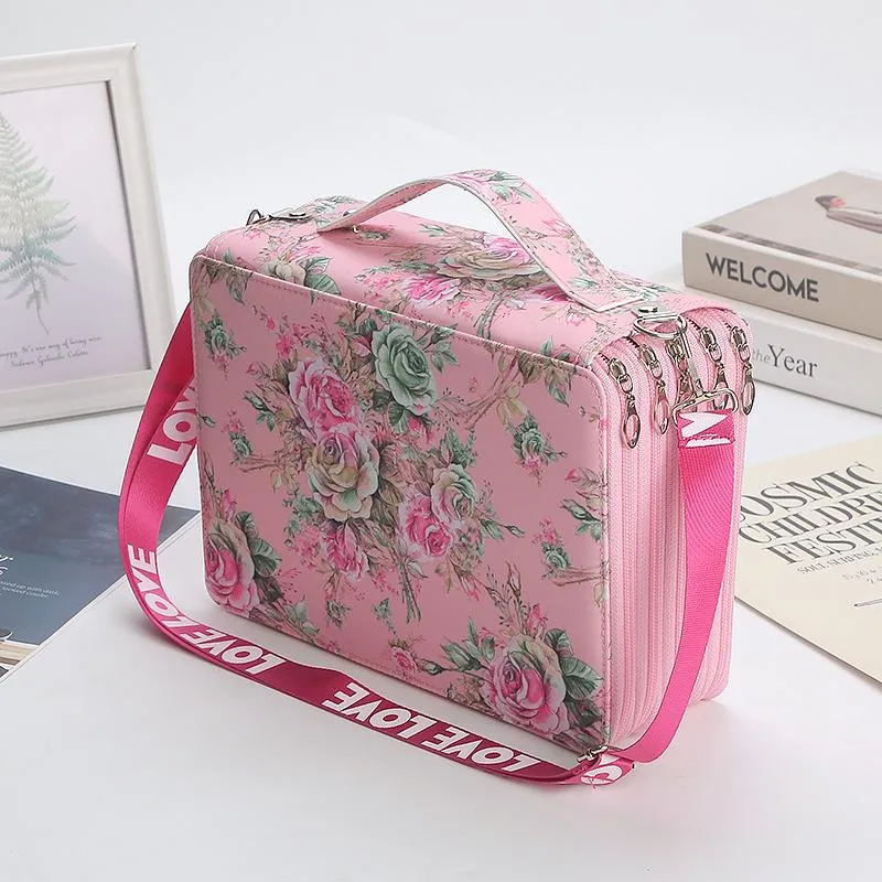 Bags Colorful Flower Pattern 252 Slot 5 Layer Zipper Portable Shoulder Strap Polyester Pencil Case Holder Large Capacity Art Supply