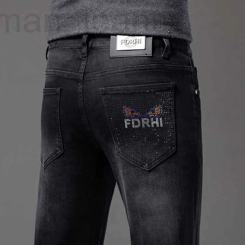 Мужские джинсы дизайнер осень и зима модный бренд высокого класса для мужчин FF Hot Diamond Slim Fit корейские маленькие леггинсы выстиранные черные эластичные толстые 89W4