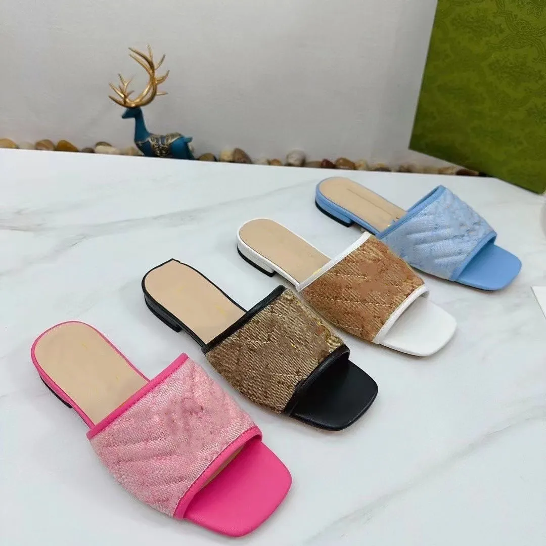 Designer-Damen-Slide-Sandale mit doppeltem Buchstaben, blauer Lederbesatz, goldfarbene Beschläge, flache Slipper, Luxusschuhe A1