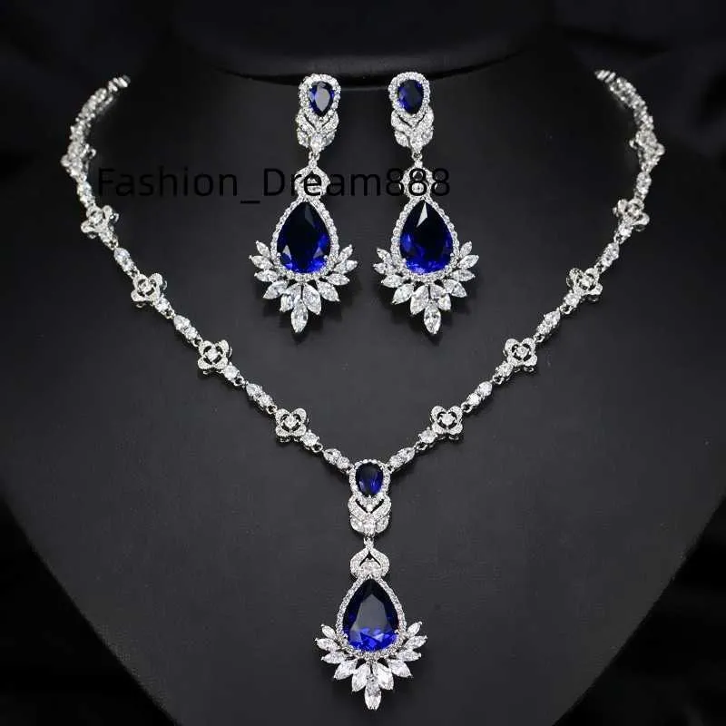 bridal silver 925 jewelry sets wedding high quality blue green zircon pendant necklace drop earrings set for women