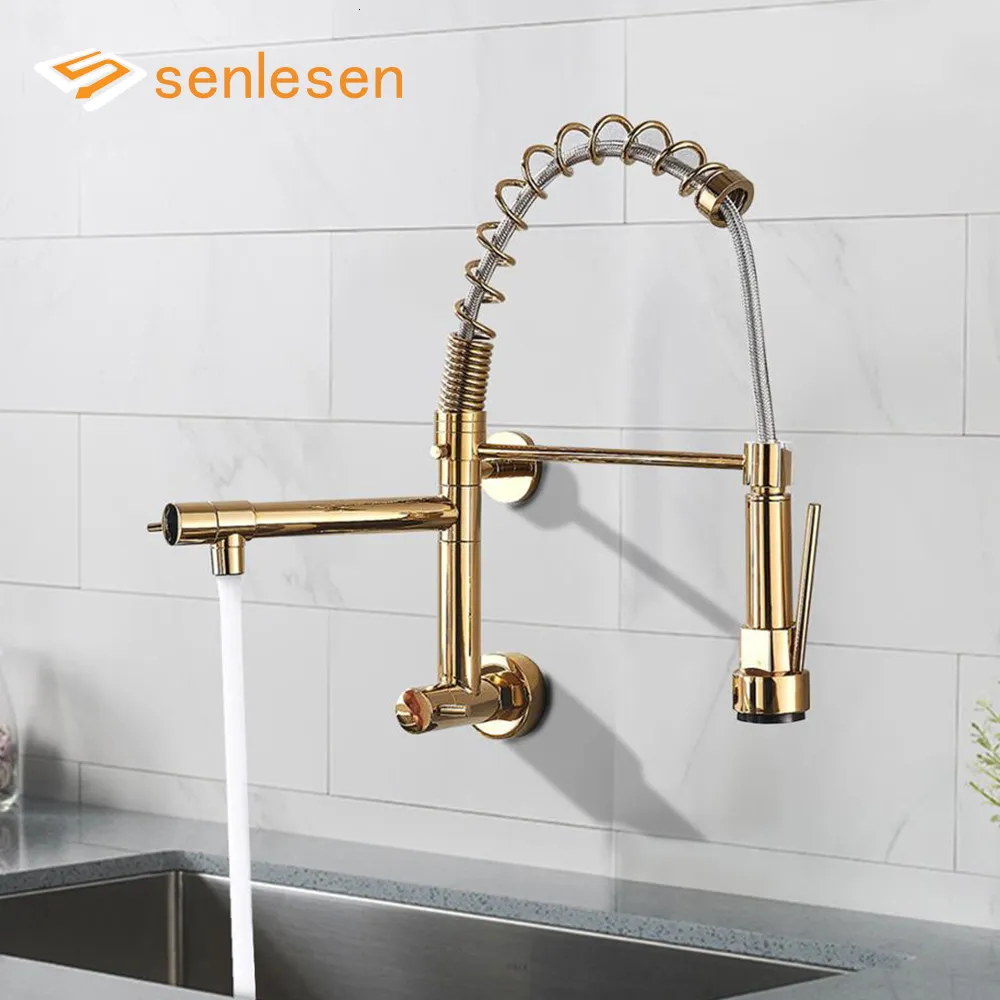 Bathroom Sink Faucets Senlesen Wall Mounted Kitchen Spring Faucet Golden Finish Brass Swivel Dual Spout Single Handle Vanity Sink Only Cold Water Tap 230628