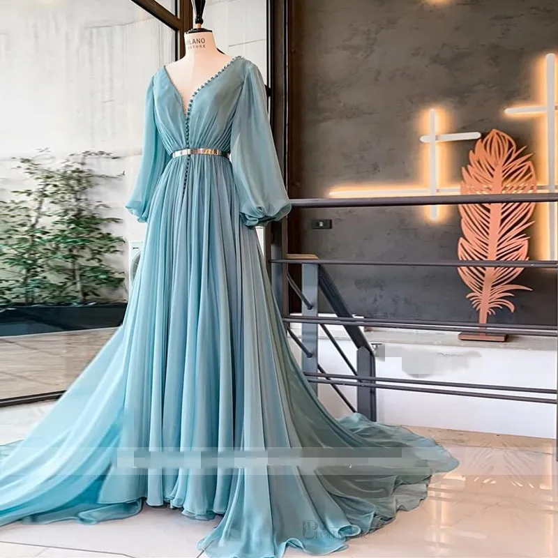 Elegant Blue Muslim Evening Gowns with golden belt Long Sleeve Formal Dress A-Line deep V-Neck Chiffon Arabic Abendkleider Party Prom Dresses