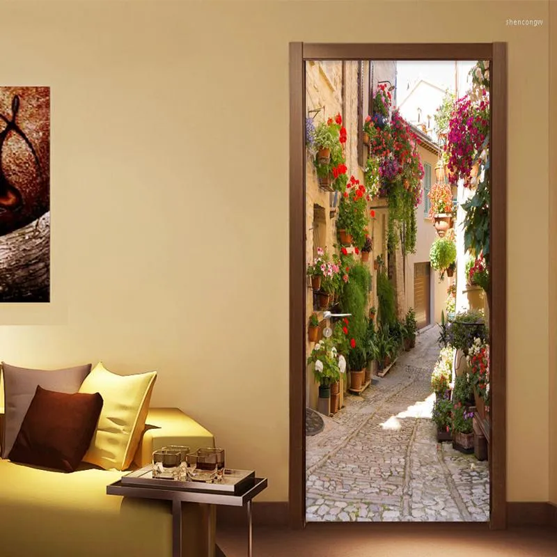 Tapety 3D Tapeta PVC Self Adheive Waterproof Po Wall Mural Door Drzwi European Street Landscape Cafe Jadalnia Papel Malowidła ścienne