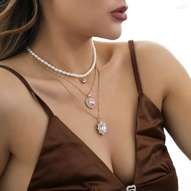 Choker halsband rosa stenhjärta dingle set pärla guldpläterade halsband kroppsmycken för kvinnor
