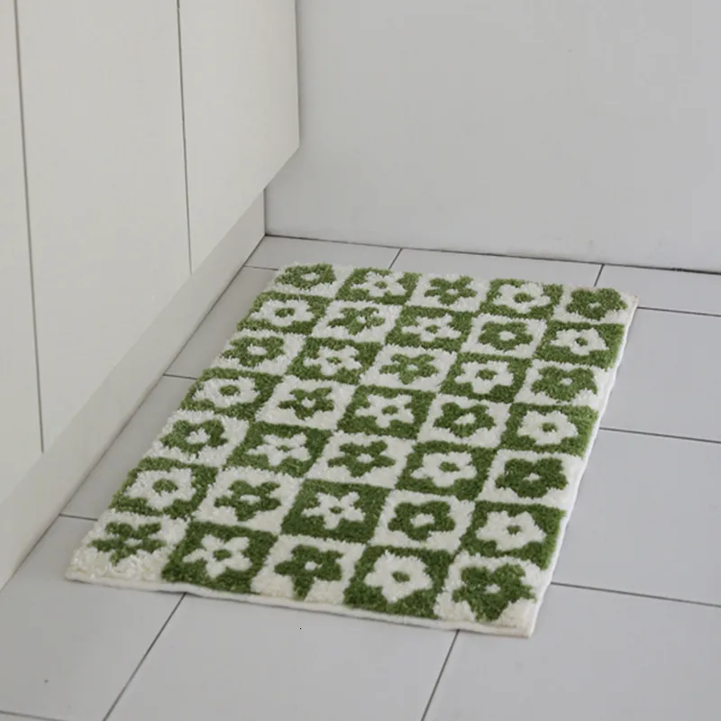 Carpet Retro Tufting Bathroom Mat Nordic Grids Floret Bathmat Soft Rug Fluffy Tidy Carpet Floor Safety Pad Aesthetic Home Room Decor 230627