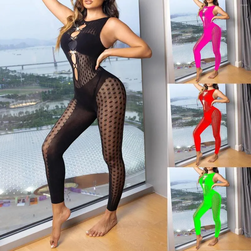 Beha's Dames Fun Diamond Mesh Kleding Sexy Highlighting Body Mouwloze Jumpsuit Party Shirts Pack
