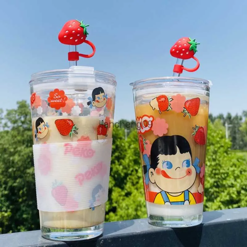 400ml Japanese Snacks Brand Cartoon Peko Milky Image Strawberry Milk Cup Glass Cup Cute Water Cup With Lid Breakfast Cup L230620