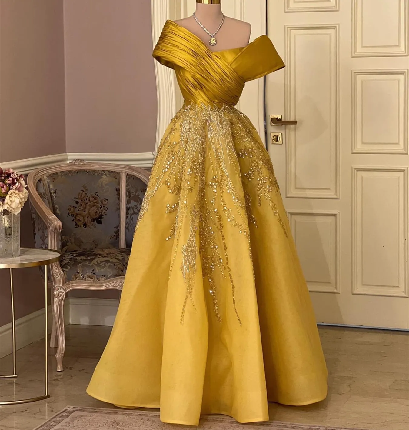 A-Line Gold Prom Dress with Beaded Crystals, One-Shoulder Tulle Evening Gown  with Sweep Train and Built-in Bra from Dhgate Prom Dresses - price 327.64