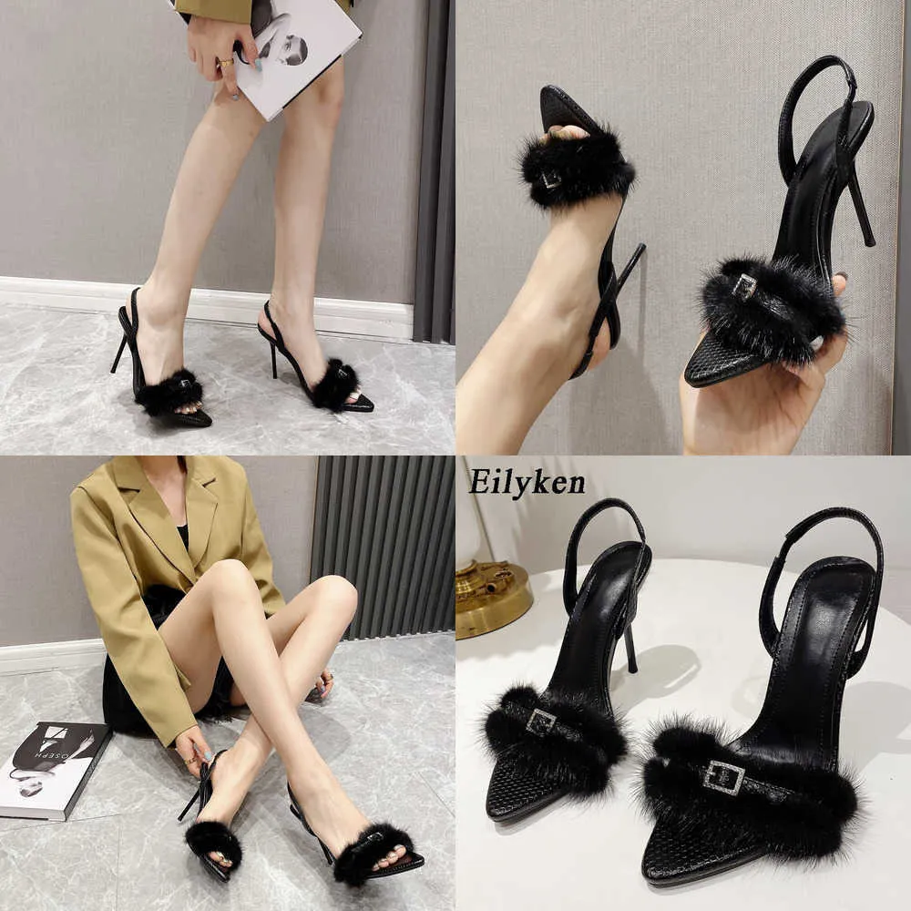 Dress Shoes Summer Sandals New Slingback Pointed Toe Women Sexy Faux Fur Nightclub Stripper High Heels Shoes 230511