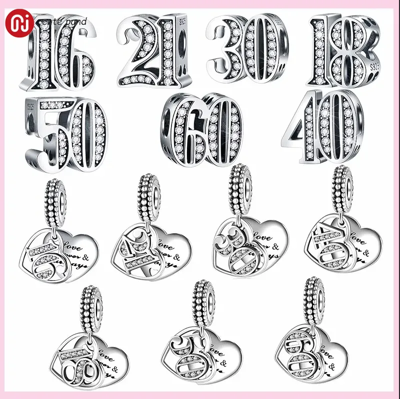 925 silver beads charms fit pandora charm Bracelet Arabic Numerals 16 18 21 30 40 50 Number charm set