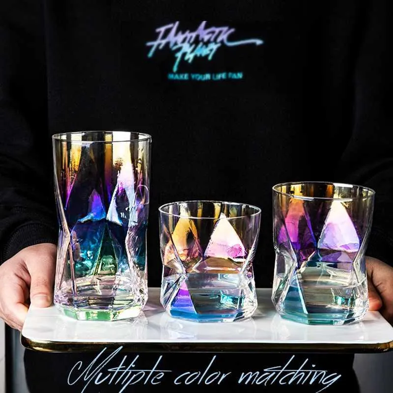 Luxe Nordique Géométrique Coupe Maison Whisky Rhum Verres À Eau Côté Doré Jus Coloré Verre À Vin Transparent Paille Cristal Tasses L230620