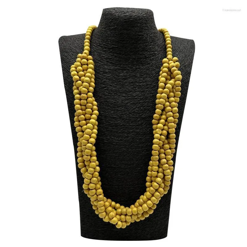 Correntes Colar feito à mão Vento Amarelo Madeira Pingente Jóia Africana Declaração Bib Beads Colar Longo