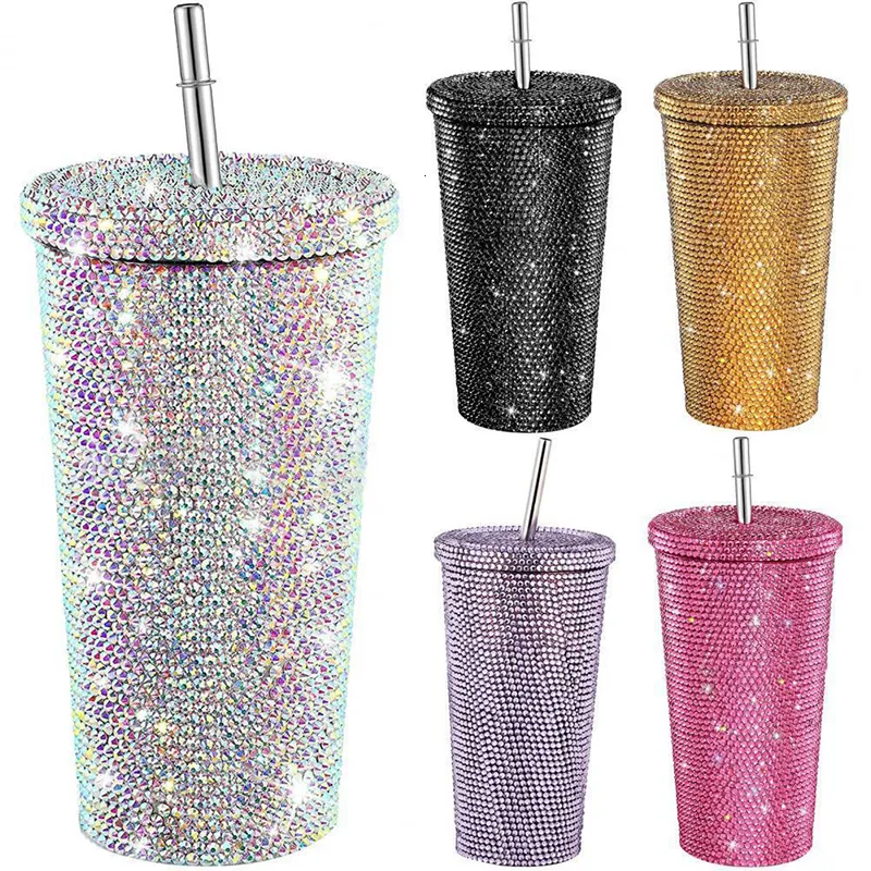 Water Flessen 500 ml Diamond Thermos Stro Cup Met Deksel Rvs Dubbellaags Cups Glitter Fles 230627