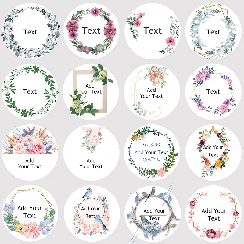 Adesivi adesivi 100pcs 40mm adesivo sigillante personalizzato sfondo bianco adesivi ghirlanda fai-da-te Festa di nozze personalizzata Testo rotondo 15 pollici 230627