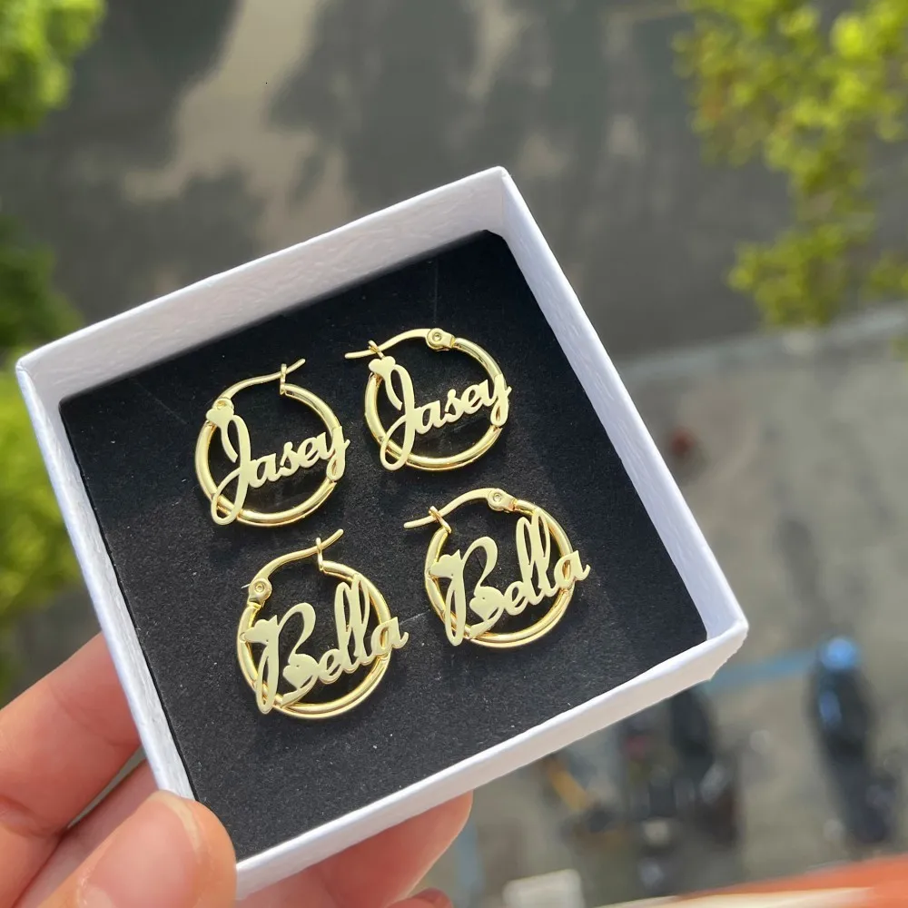 Nameplate hoop earrings deals