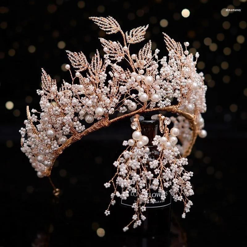 Pinces à cheveux à la main minuscules perles diadème de mariée couronne couleur or feuille mariage bandeau de luxe femmes fête bal diadèmes casque