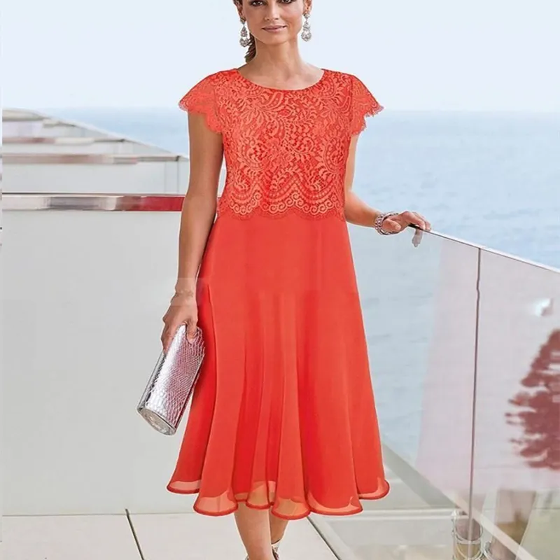 Chic Tea Length Chiffon of The Bride/Groom Red Lace Dress with Lace Cape Sleeves and Back Zipper - Perfect for Weddings, Proms, and Special Occasions