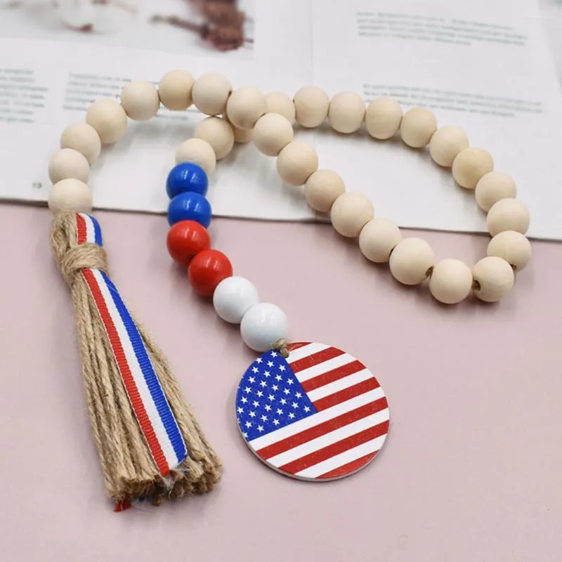 Decorative Flowers 4 Th Independence Day Beads Wooden Garland American Flag Tassel String Rope Party Pendant Home Goods