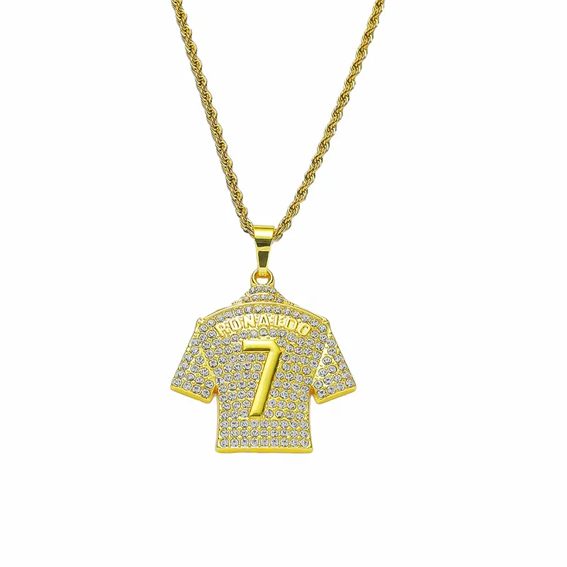 Hip Hop Designer Fashion Gold Crystals Football Jersey Pendant Naszyjnik 75 cm