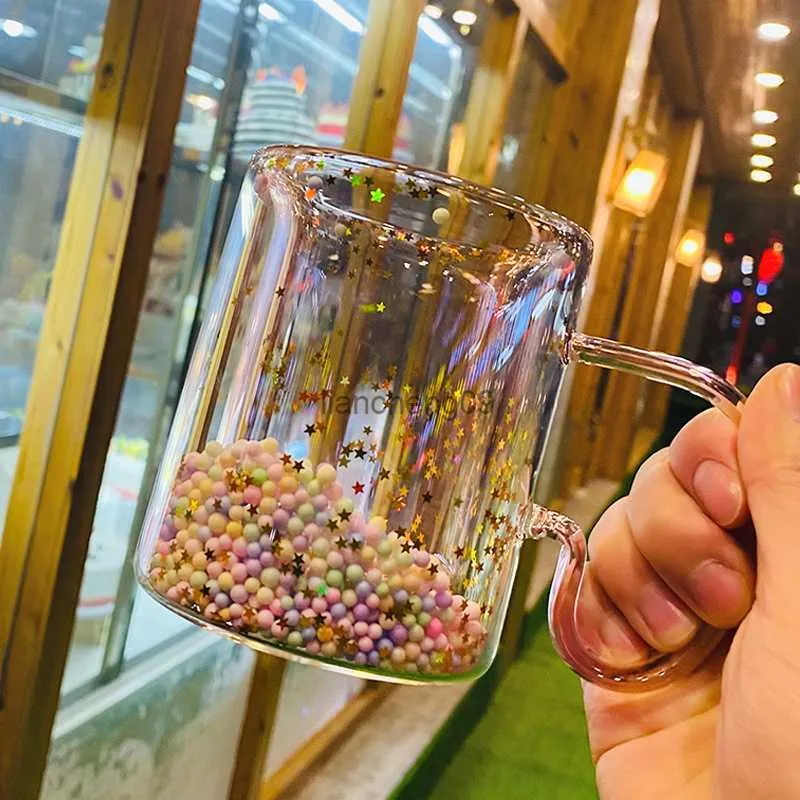 Taza de café de cristal de doble pared de estrella con hermosas lentejuelas burbuja resistente al calor Kawaii lindo desayuno té agua taza con asa tazas L230620