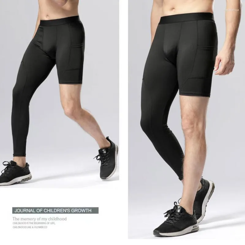 Mens One Leg Compression Running Pants Half With Pockets Stretchy