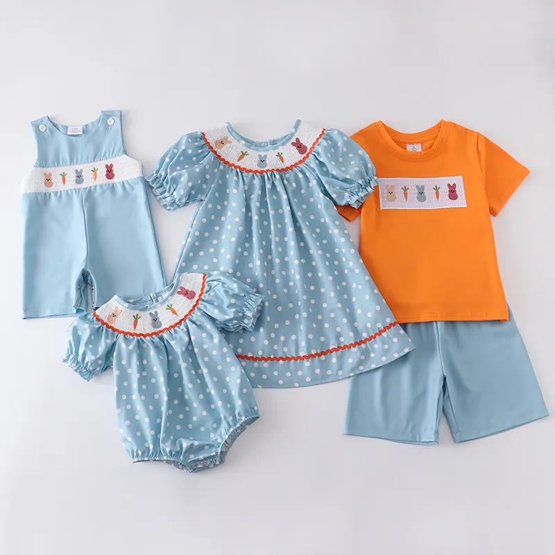 Set di abbigliamento Esclusivo Girlymax Primavera Pasqua Fratellastro Neonate Ragazzi Buny Pantaloncini Set Smockes Abito in tessuto Bunny Polka Dot Pagliaccetto Abbigliamento 230627