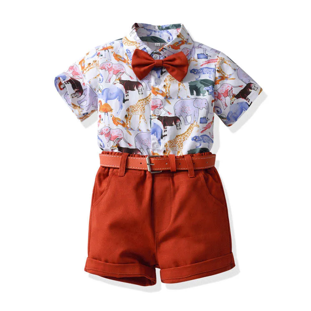 New Boys 'Summer 2022 Fashion Dinosaur Short Sleeve Shirt Belt Shorts Två stycken Set för barn Barnkläderpojkar Set 2023