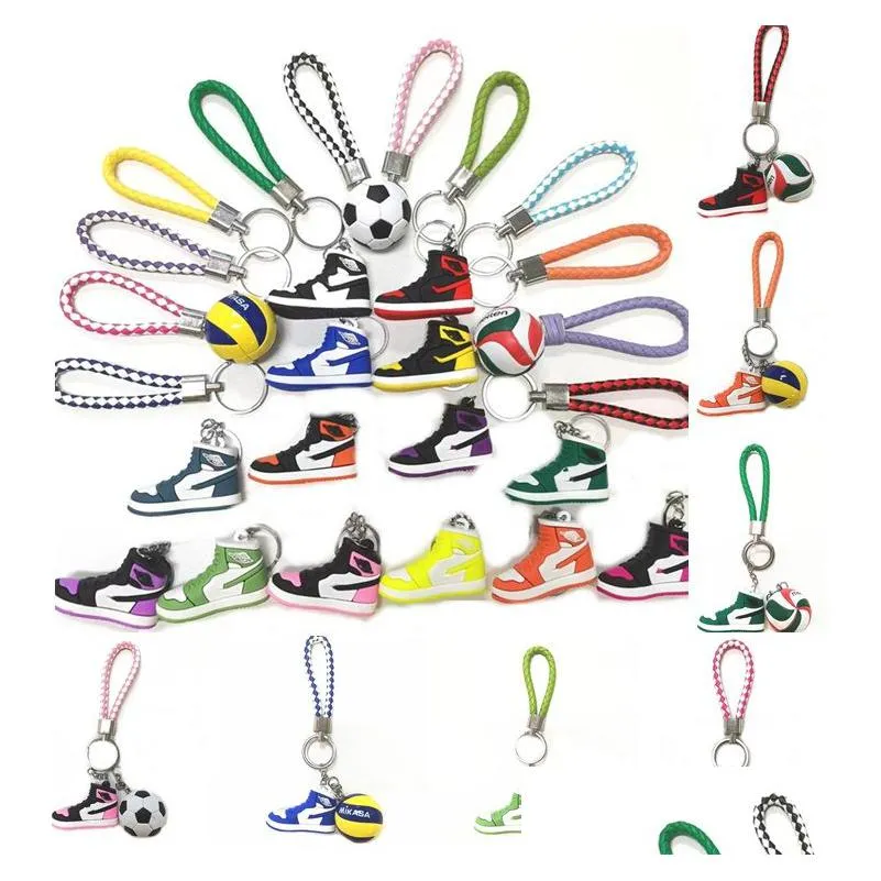 Keychains Lanyards 3Pcs/Sets Sile 3D Sneaker Ball Rope Keychain Basketball Football Volleyball Sport Shoes Keycring Bag For Men Wo Dhyn0