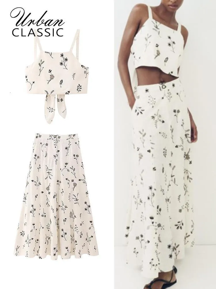 Two Piece Dress Summer Embroidery Floral Skirts Set 2023 Casual Sleeveless Backless Bow Tops High Waist ALine Zipper MidCalf Skirt Suit 230627