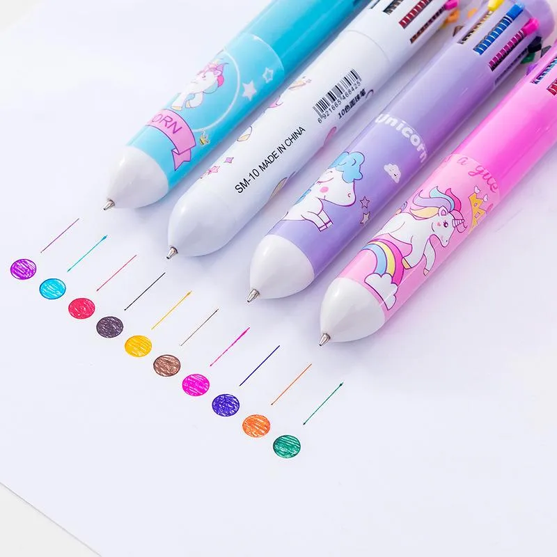 Pennen 24 PCS/Lot Multicolor Unicorn Flamingo Dinosaur Ballpoint Pen Cute 10 Colors Ball Pens Material School Schrijfbenodigdheden